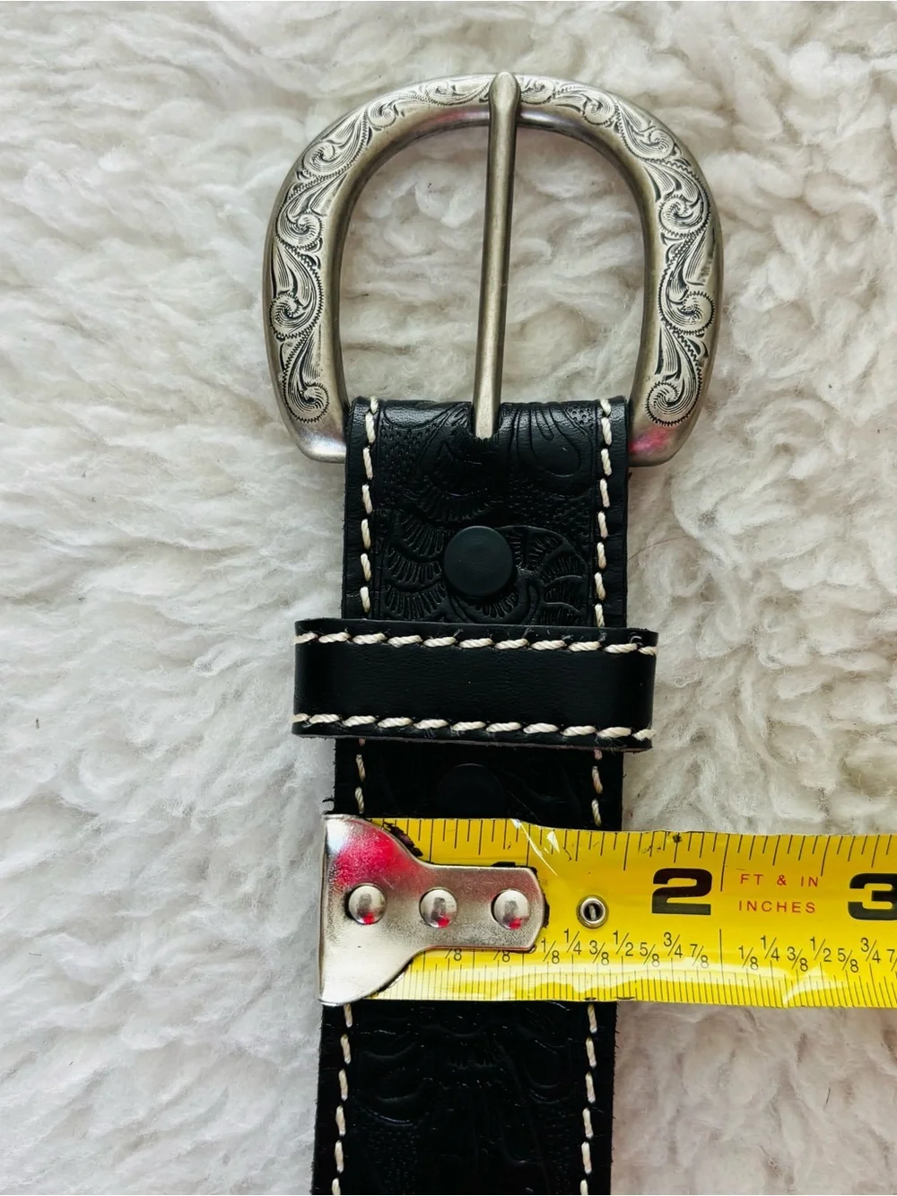 Classic Black Embossed Leather Western Belt with Engraved Silver Buckle Sz 38